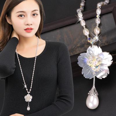 China Shell Lead Free Nickel Free Trendy Baroque Pearl Crystal Bead Necklace For Women Fashion Girls Flower Long Chain Sweater Chain Pendant Necklace for sale