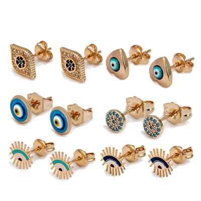 China Environmentally Friendly Hot Selling Kinds Of Bohemia Rhinestone Evil Eyes Earrings 18K Gold Plating Colorful Zircon Women Stud Earrings for sale