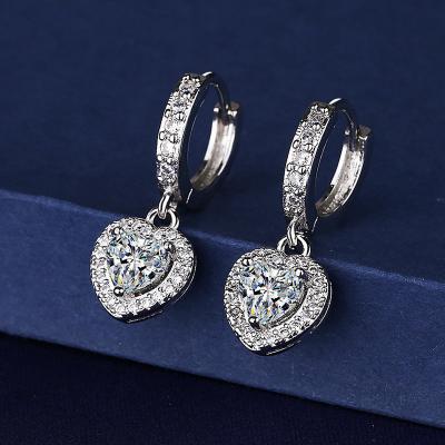 China Environmental Friendly Drop Dangling Heart Shape Zircon Stone Diamond Earrings Romantic 925 Silver White Color For Women Wedding Earrings Jewelry for sale