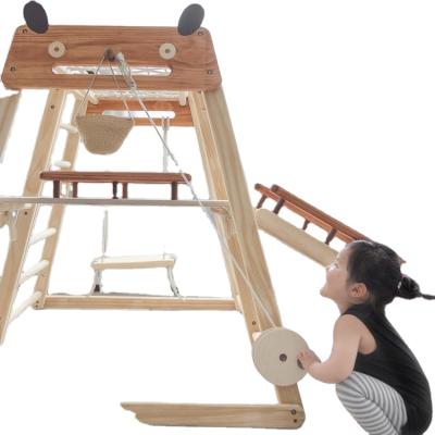 China Sensory Training Preschool Indoor Climbing Frame Slide Children Kids Toys Swing Gift Solid Wooden Colors for sale