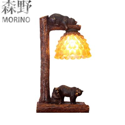 China American Wildlife Bear Country Style Wood Table Lamp With Glass Shade For Bedside Use for sale