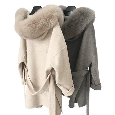 China New Design Cashmere Waistline Fashion Women's Winter Coat Oversized Hooded Wool Breathable Loose Warm Belt Coat Women's Long Coat for sale