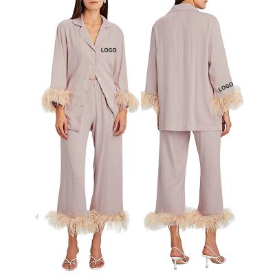 China Women's Thermal Custom Classic Ostrich Feather Trim Silk Pajamas Set With Wings Feathers for sale