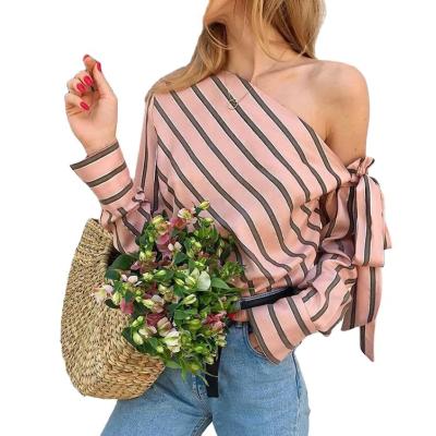 China New Summer Women's Anti-pilling Blouse Fashion Loose Lady Striped Off Shoulder Lace Up Female Elegant Blouses Shirts Tops Sheath Long Chic for sale