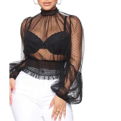 China New Summer Anti-pilling Wave Dot Puff Sleeve Sexy Transparent Women Long Sleeve Ladies Top T-shirt for sale