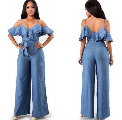 China zm10182b Breathable Fashion Summer Ladies Clothes Women Overall Wide-leg Overalls With Ruffles Low Cut Overalls for sale