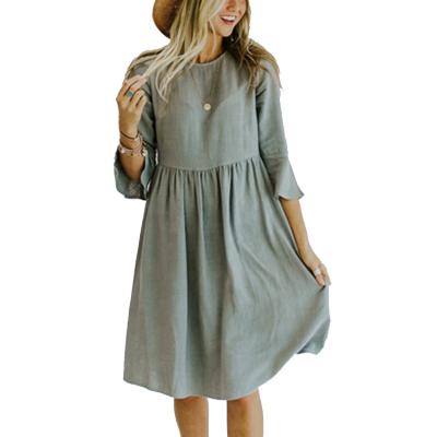 China Factory Custom Women's Breathable Flare Sleeve Ruched Waist Hemp Cotton Dress for sale