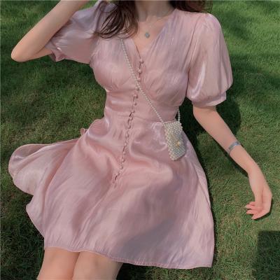 China Korean Style Women's Texture Shell Bead Fashion Silky Dress V-Neck Bubble Dress Breathable French Milk Sleeve Skirt for sale