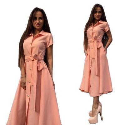 China Casual simple dress elegant women's maxi breasted short sleeve business breathable evening collar polo tie skirt for sale