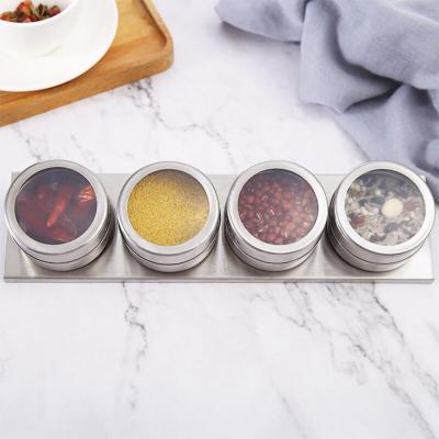 China Sustainable 4 Piece Kitchen Metal Spice Jar Magnetic Stainless Steel Spice Cans for sale