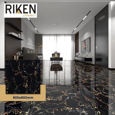 China China 24 Inch 60x60 Modern Cheapest Gold Honed Black Porcelain Tile Flooring Glossy for sale