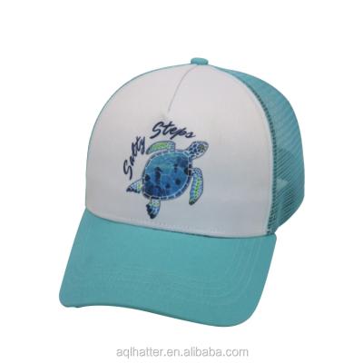 China Custom COMMON COMMON Teal Trucker Hat Fishing Man Logo Sublimation Printed Polyester 5 Panel Hat for sale