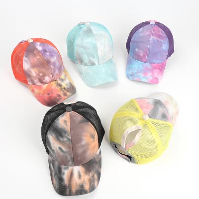 China 2021 COMMON COMMON custom made women fashion simple fashionable empty tie dye trucker hat ponytail mesh baseball cap trucker hats for women for sale