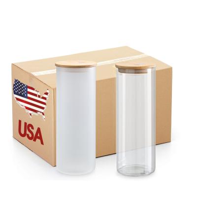 China Sustainable USA Stocked 25oz Juice Coffee Mug Blank Frosted Clear Straight Sublimation Glass Tumbler With Lid And Straw for sale