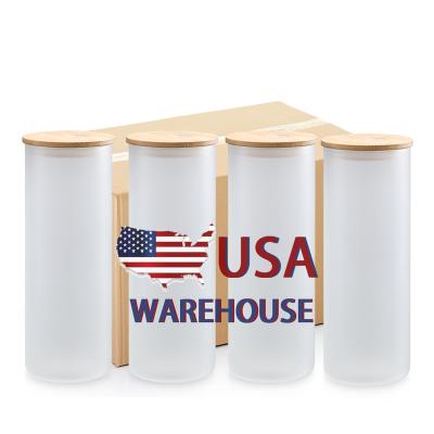 China Sustainable USA Warehouse 25oz Skinny Straight Clear Frosted Sublimation Glass Tumbler Beer Can With Bamboo Lid And Straw for sale