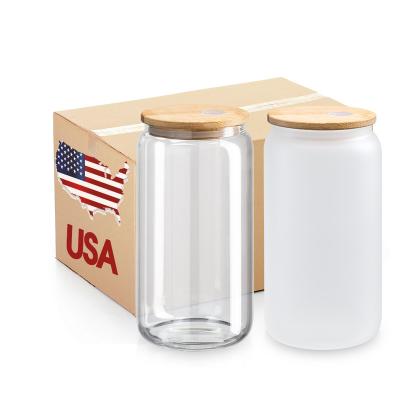 China Sustainable USA WAREHOUSE 12oz 16oz Clear Frosted Sublimation Glass Soda Pop Shaped Sublimation Beer Jar Glass Can Bottle with Straw Lid for sale