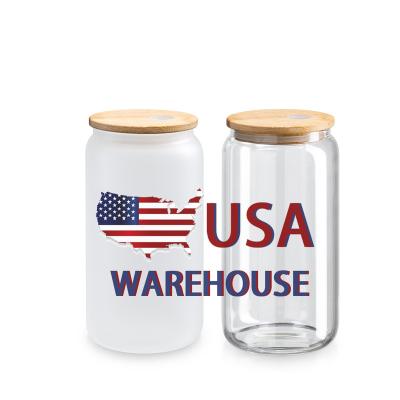 China Sustainable USA Warehouse 16oz Clear Frosted Blanks Sublimation Beer Can Glass with Bamboo Lid for Sublimation Printing for sale