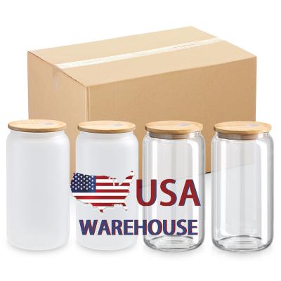 China Sustainable US Warehouse 12oz 16oz Frosted Clear Pink Libbey Blanks Sublimation Beer Can Shaped Glass Cups Bottle With Bamboo Lid And Straw for sale