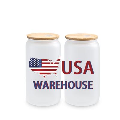 China Sustainable US Warehouse 12oz 16oz Clear Frosted Drinkware Sublimation Print Glass Mason Jar Beer Can Glass With Bamboo Lid And Straw for sale