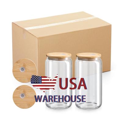 China Sustainable Us Warehouse Blanks Sublimation Glass Beer Can Cup 16oz Sublimation Soda Cup Shaped Glass With Bamboo Lid And Straw for sale