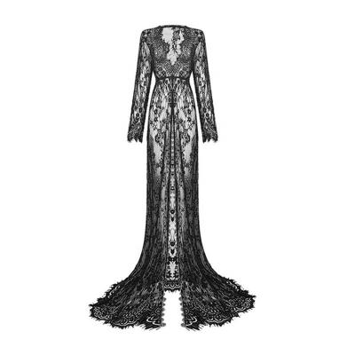 China Anti-Static Deep Sheer Long Sleeve Tail Collar Lace Dress Casual Lace Maxi Dress for sale