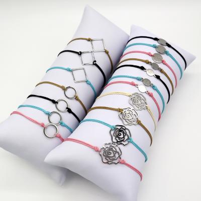 China Colorful Map Summer Wax Yarn Thread Adjust Handmade Stainless Steel Charm Bracelet for sale