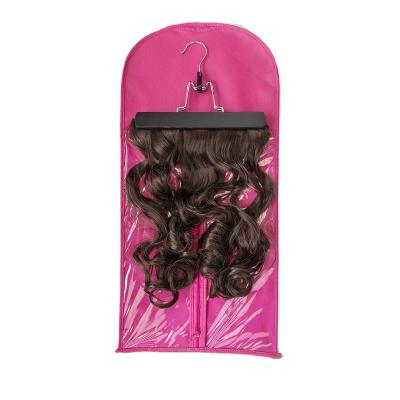 China Viable Pink PVC Dust Proof Plastic Wig Bags With Nonwoven Wig Storage Bag Hanger Hair Extension Storage Bag for sale