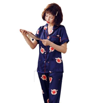 China QUICK DRY instant ivory color notched collar women's bow collar sleepwear printed pajamas for sale