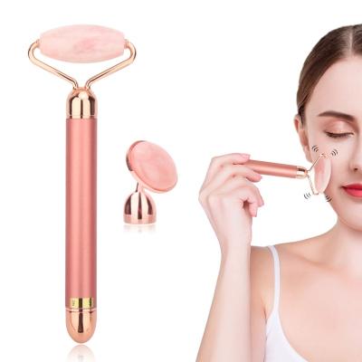 China Face Lift 2 in 1 Electric Natural Bibrating Rose Quartz Jade Roller 3D Face Massager Face Lifting Beauty Tool for sale