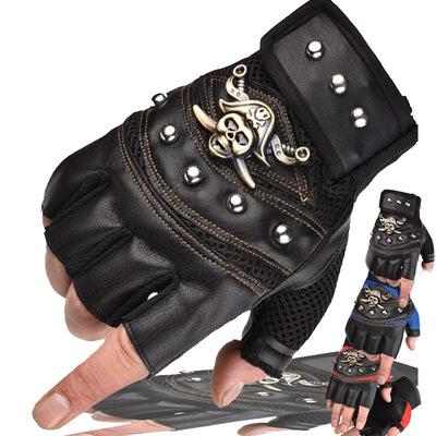 China 2021 Hot Selling Leather Water Proof Pirate Motorcycle Rivet Half Fingers Punk Leather Cycling Fingers for sale