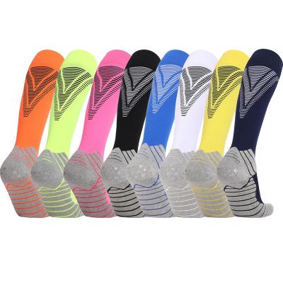 China Men's Breathable Soccer Stocking Sport Knocks Colorful Breathable Nylon Striped Kids Long Over The Knee Anti-Skid Child Kids Socks for sale