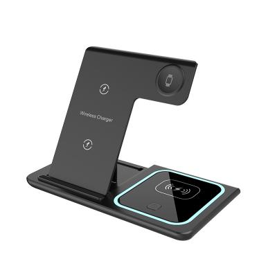 China Folding 3 in 1 Wireless Charger Hot Selling Amazon New Foldable 3 in 1 Qi Wireless Charger Station with Led Lights for iPhone iwatch Airpords Android for sale