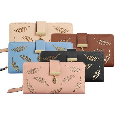 China High Capacity Women Wallet Pu Leather Purse Female Gold Cavity Long Leaves Pocket Purse For Women Coin Purse Card Holders Grab for sale