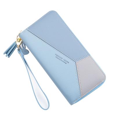 China Accept Customized Geometric Patchwork Logo PU Leather Women Long Zipper Wrist Clips Tassel Design Young Clutch Wallet Female Card Holder Forever for sale