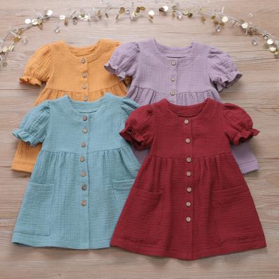 China Anti-wrinkle Summer Toddler Babies Canvas Clothes Flare Dress Kids Girl Cotton Solid Clothing Infant Dresses for sale