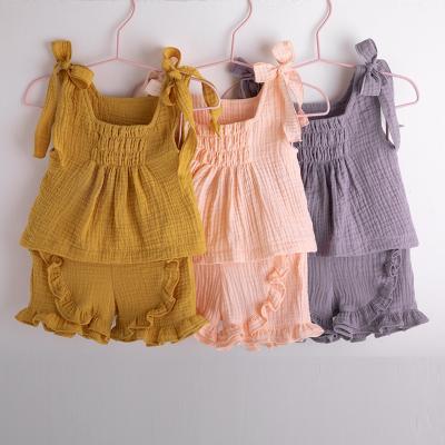 China Solid color casual hot two-piece baby summer boutique sale lyc-4137 cotton girls dress canvas set for sale