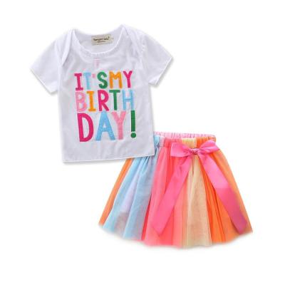 China Summer Girls Casual Birthday Embroidered T-shirt Design Colorful Kid Skirt Two Piece Set Clothing for sale