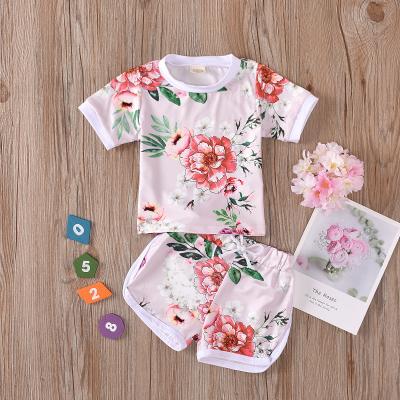 China lyc-4123 Summer Casual Exquisite Flower Printed Shirt and Shorts Girls Loungewear Baby Kids Clothing Suit for sale