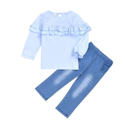 China New lyc-2191 spring autumn casual babies knit solid o neck ruffle T-shirt + jeans pants clothing sets for sale