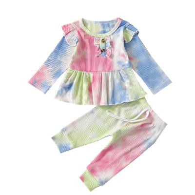 China High Quality Casual Toddler lyc-2702 Kids Flying Sleeve Tie Dye Printed Autumn Spring Girls Clothes Set for sale