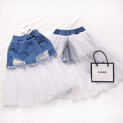 China lyc-3361 Summer Breathable Hot Kids Denim Mesh Mesh Girl Tulle Lace Fishtail Skirt Selling Both Sides Wear Bust Dress for sale