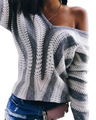 China Anti-wrinkle V-Neck Drop Sweaters For Women Striped Hollow Out Slim Pullover Knitted Sweater Off The Shoulder Sweater for sale