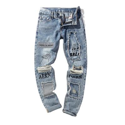 China 2022 Retro Street Spring and Autumn Casual Pattern Men's Cotton Printing Patch QUICK DRY Ripped Jeans for sale