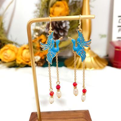 China Wholesale Environmentally Friendly Antique Hanfu Crane Drop Enamel Baroque Freshwater Pearl Tassel Earrings for sale