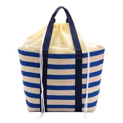 China Factory Price Sale Printing Cotton Canvas Striped Tote Drawstring Insulated Cooler Bag For Beach for sale