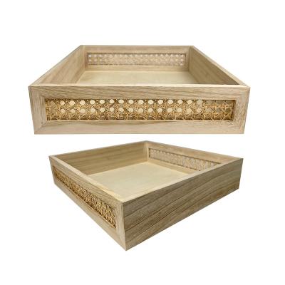 China Decorative Tray Wood Rattan Food Tray Countertop Wooden Square Serving Tray Customized Size for sale