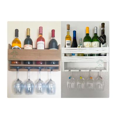 China Sustainable Kitchen Bar Wooden Wall Mounted Wine Bottles Storage Rack With 4 Stemware Glass Rack for sale