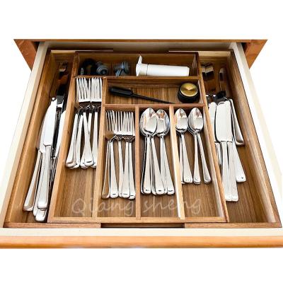 China Wooden Organizer Wood Cutlery Tray Adjustable Silverware Organizer Minimalist Acacia Kitchen Drawer for sale