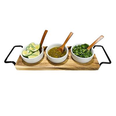 China Acacia Wood Serving Tray with Stainless Steel Serving Chip and Dip Serving Handles Set for Sauces, Dips Customized Size for sale