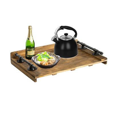 China Large Farmhouse Tray Wood Stove Top Cover Wooden Serving Tray With Black Metal Pipe Handles Customized Size for sale